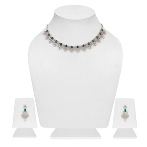 Estele Rhodium Plated CZ Green Glory Designer Necklace Set with Green Colored Stones for Women