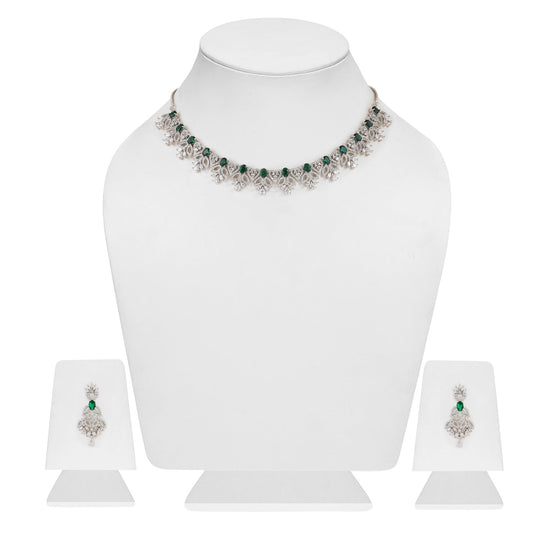 Estele Rhodium Plated CZ Green Glory Designer Necklace Set with Green Colored Stones for Women
