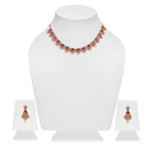 Estele Rose Gold Plated CZ Ornamented Necklace set with Red colored stones for Women