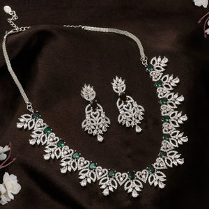 Estele Rhodium Plated CZ Green Glory Designer Necklace Set with Green Colored Stones for Women