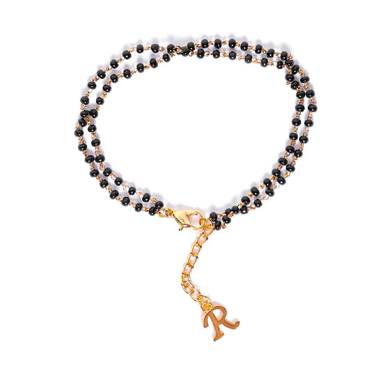 Estele Gold Plated Fascinating "R" Alphabet with Black Beads Bracelet for Women