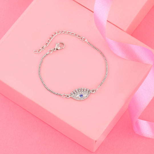 Estele Rhodium Plated Sacred Evil Eye Bracelet With Austrian Crystals For Men & Women