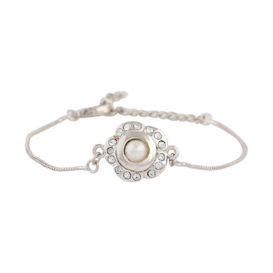 Estele Rhodium Plated Designer Pearl Floral Bracelet For Men & Women