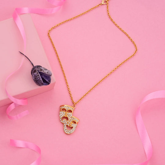 Estele Gold tone chaing with laughing and sad masks with white stones for women
