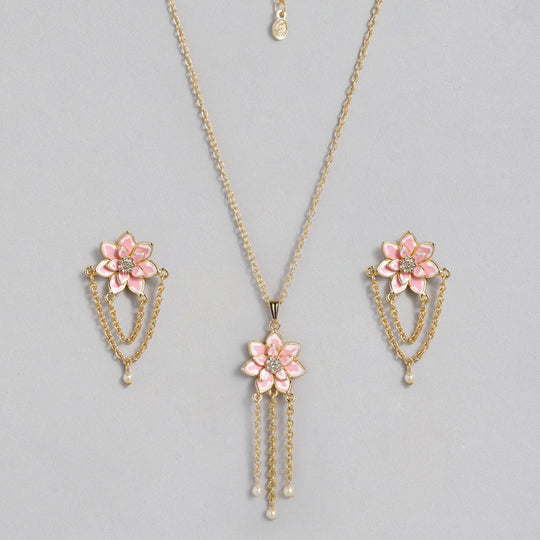 Rose Gold Plated Flower petal Rhinestone Pearls Drop Pendant set