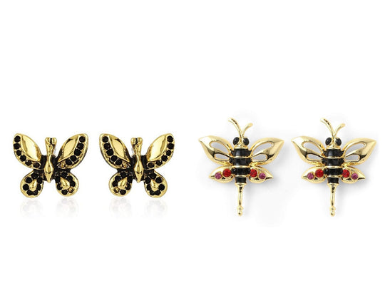 Estele Gold Tone Plated Black Enamel Butterfly Earrings