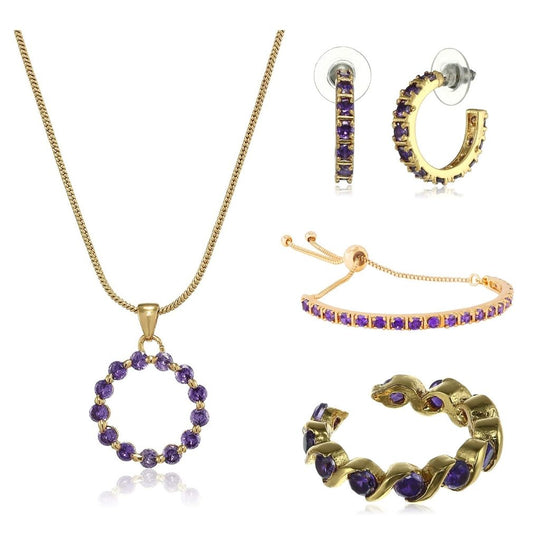 Estele Gold Plated Purple Crystal Pendant Ring Bracelet and Earrings Combo for Girls