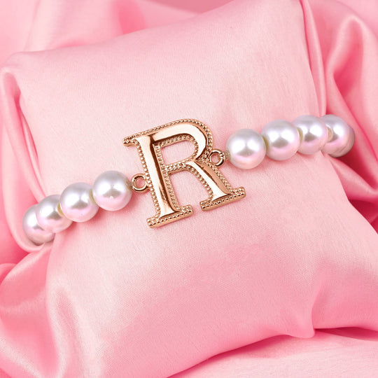 Estele Rose Gold Plated Ravishing "R" Letter Glass Pearl Bracelet for Women