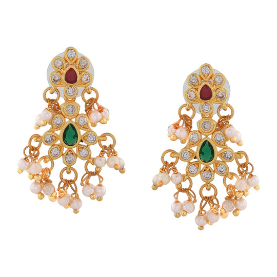 Estele Gold Plated CZ Scintillating Flower Designer Earrings with Pearls for Women