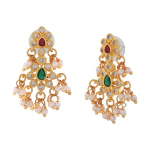 Estele Gold Plated CZ Scintillating Flower Designer Earrings with Pearls for Women