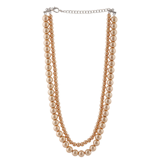 Estele Rhodium Plated Beautiful Double Line Glass Pearl Necklace Set for Women