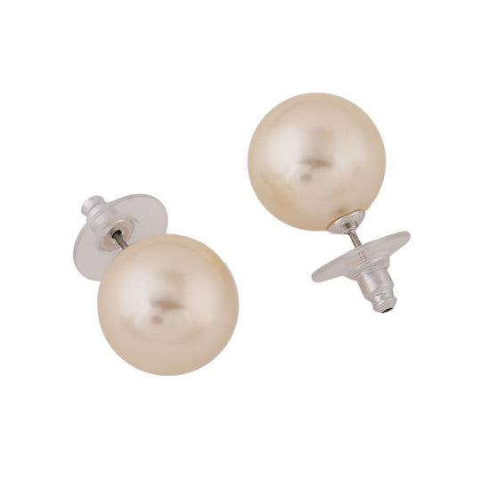 Estele Rhodium Plated Sparkling Cream Glass Pearl Stud Earrings for Women