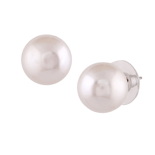 Estele Rhodium Plated Charming White Glass Pearl Stud Earrings for Women