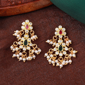 Estele Gold Plated CZ Scintillating Flower Designer Earrings with Pearls for Women