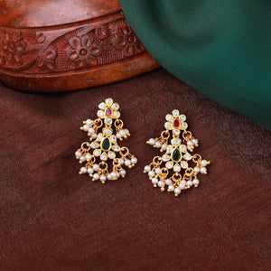 Estele Gold Plated CZ Scintillating Flower Designer Earrings with Pearls for Women