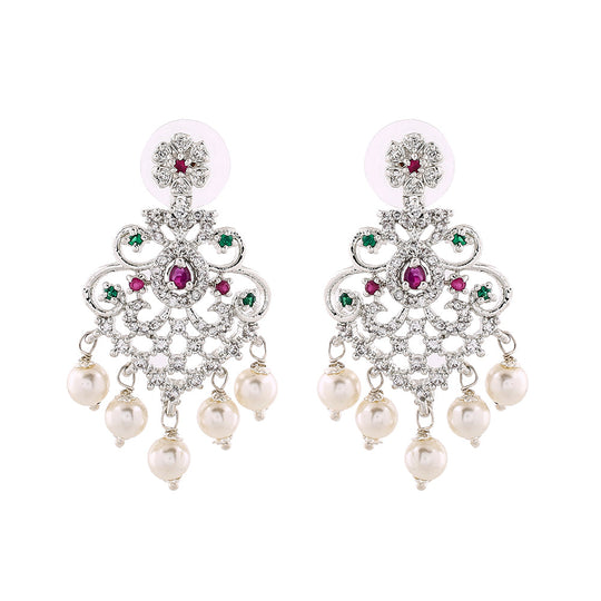 Estele Rhodium Plated CZ Manbhavan Earrings with Pearl & Multi Color Crystals for Women