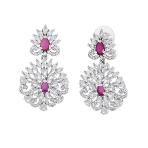 Estele Rhodium Plated CZ Radiance Flower Designer Earrings with Pink Crystals for Women