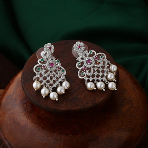 Estele Rhodium Plated CZ Manbhavan Earrings with Pearl & Multi Color Crystals for Women
