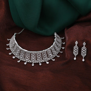 Estele Rhodium Plated Lavish Luxe Designer Choker Style Necklace Set for Women