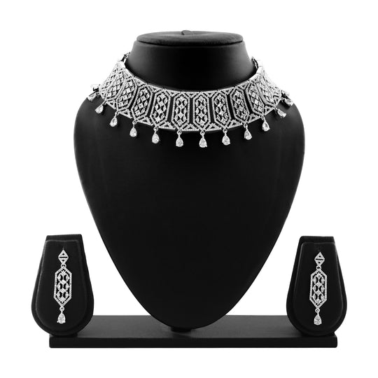 Estele Rhodium Plated Lavish Luxe Designer Choker Style Necklace Set for Women