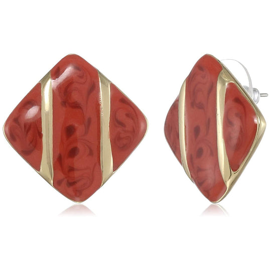 Estele Gold Tone Red enamel diamond shaped Stud Earrings for women