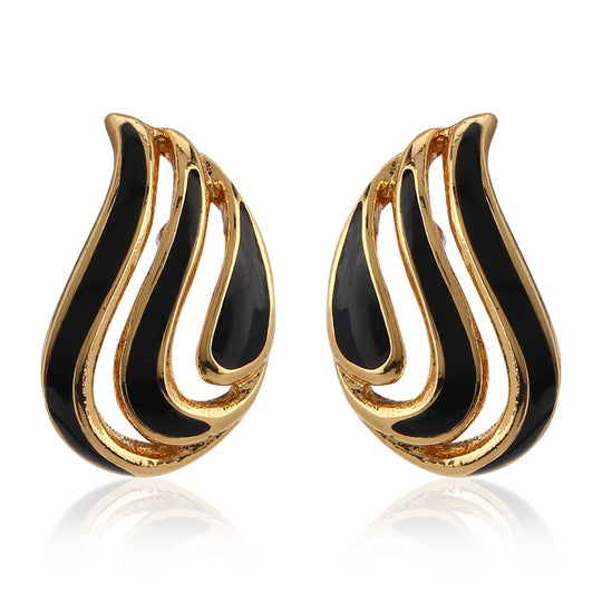 Black Enamel & Gold Leaf Stud Earring