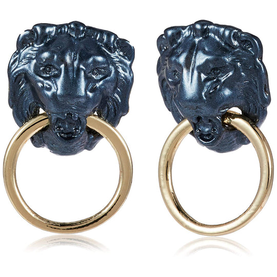 Estele Gold Plated Designer Black Lion head with gold ring Stud Earrings For Women