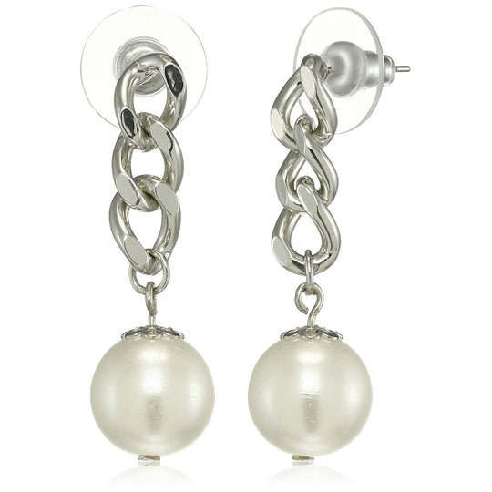 Estele Rhodium Plated Cuban chain pearl Drop Earrings for women