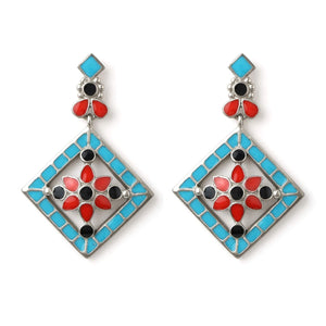 Estele - Oxidised Silver Tone Plated fancy Multicolor geometric pattern hanging earring