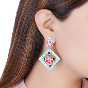 Estele - Oxidised Silver Tone Plated fancy Multicolor geometric pattern hanging earring