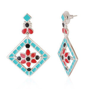 Estele - Oxidised Silver Tone Plated fancy Multicolor geometric pattern hanging earring