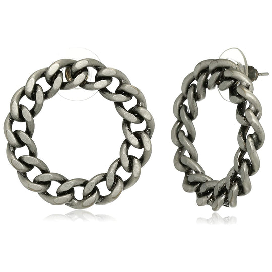 Estele Oxidized Silver Plated Designer Cuban chain circle Stud Earrings for women