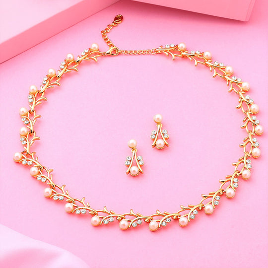 Gold Tone Plated White Crystl Stone Necklace With Earrings