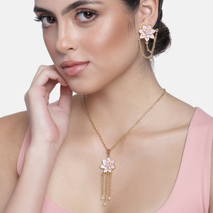 Rose Gold Plated Flower petal Rhinestone Pearls Drop Pendant set
