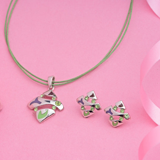 Estele Silver Tone Square Shape with Enamel and Crystal Necklace Set for Women