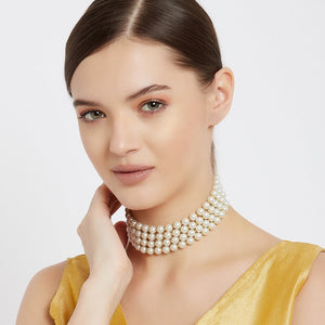 Estele - Classic White Glass Pearl Four Line Universal Choker