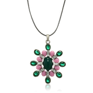 Estele pink and green flower pendant with oxidized black chain for women