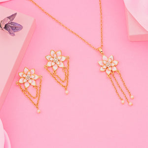 Rose Gold Plated Flower petal Rhinestone Pearls Drop Pendant set