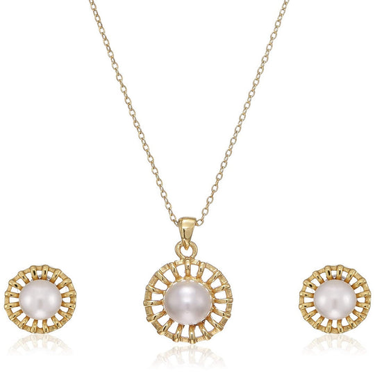 Estele - 24 CT gold plated Glass Pearl Floral Stud Pendant Set for Women
