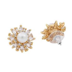 Estele Gold Plated American Diamond & Baguette's Pearl Flower   Stud Earrings for women