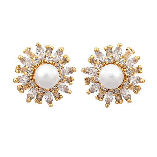 Estele Gold Plated American Diamond & Baguette's Pearl Flower   Stud Earrings for women