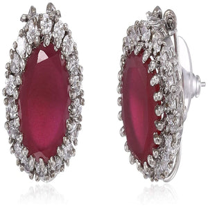Estele Rhodium Plated American Diamond CZ Ruby Halo Stud Earrings for women