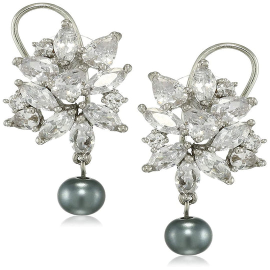 Estele Rhodium Plated American Diamond Pear Marquise cluster Grey Glass Pearl Drop Earrings for women