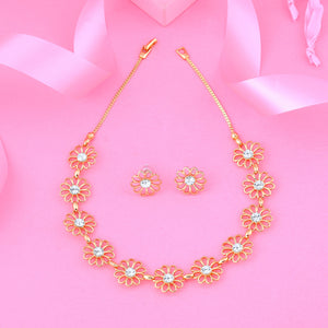 ESTELE - 24 CT GOLD PLATED Flower Diamond Necklace Set for Women