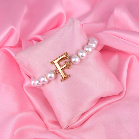 Estele Rose Gold Plated Fascinating "F" Letter Glass Pearl Bracelet for Women