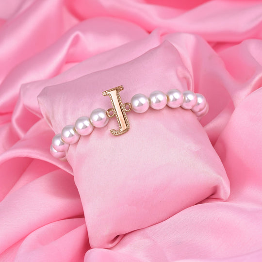 Estele Rose Gold Plated Joyful "J" Letter Glass Pearl Bracelet for Women