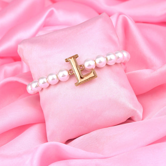 Estele Rose Gold Plated Lovable "L" Letter Glass Pearl Bracelet for Women