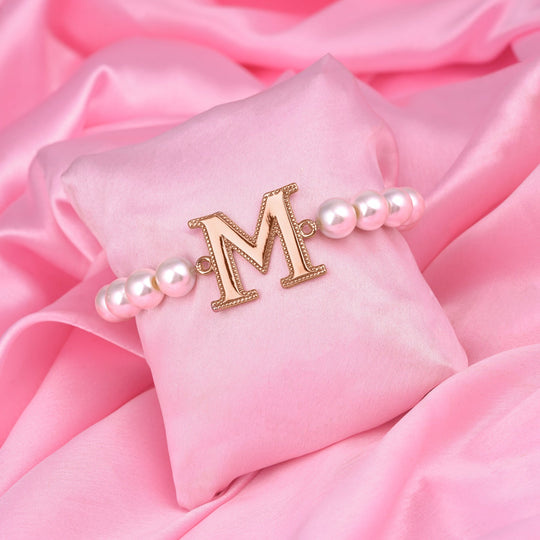 Estele Rose Gold Plated Magnificent "M" Letter Glass Pearl Bracelet for Women
