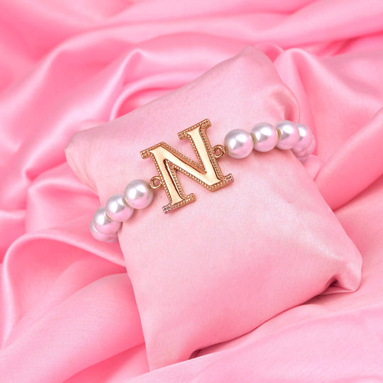 Estele Rose Gold Plated Nestled "N" Letter Glass Pearl Bracelet for Women