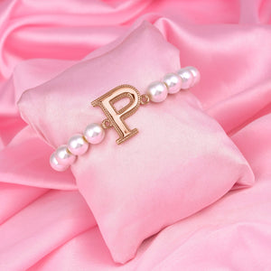 Estele Rose Gold Plated Pretty "P" Letter Glass Pearl Bracelet for Women